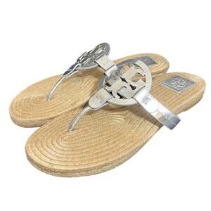 Tory Burch Women's Miller Leather Thong Espadrille Sandals in silver Size 9.5